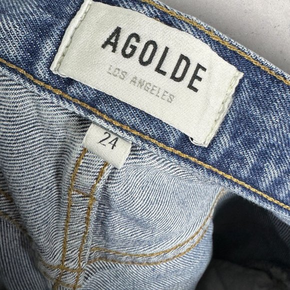 AGOLDE 90s Pinch High Rise Straight Leg Jeans Revolve Blue‎ Denim Distress Sz 24 - Picture 5 of 15